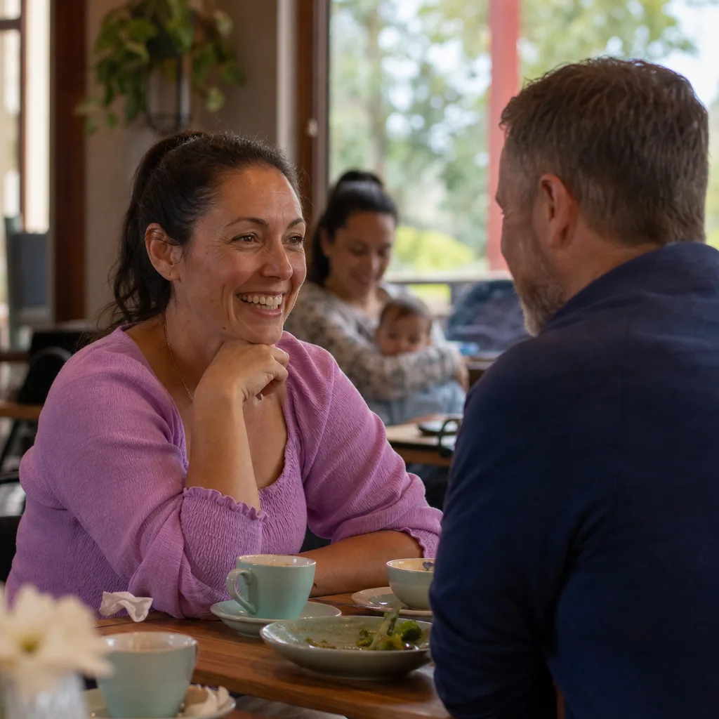 Adults meeting safely in a busy public café in Mid Glamorgan