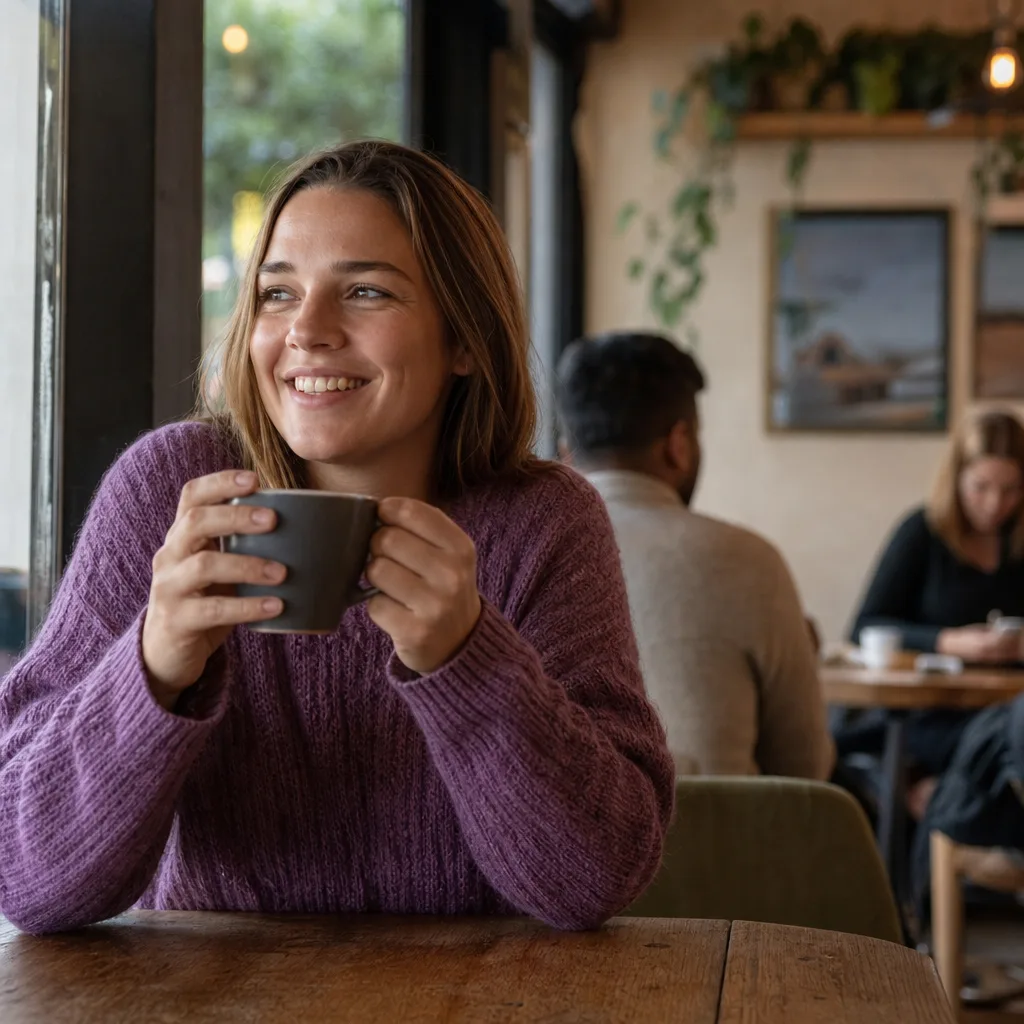 Two people having a relaxed first conversation in a Mid Glamorgan cafe