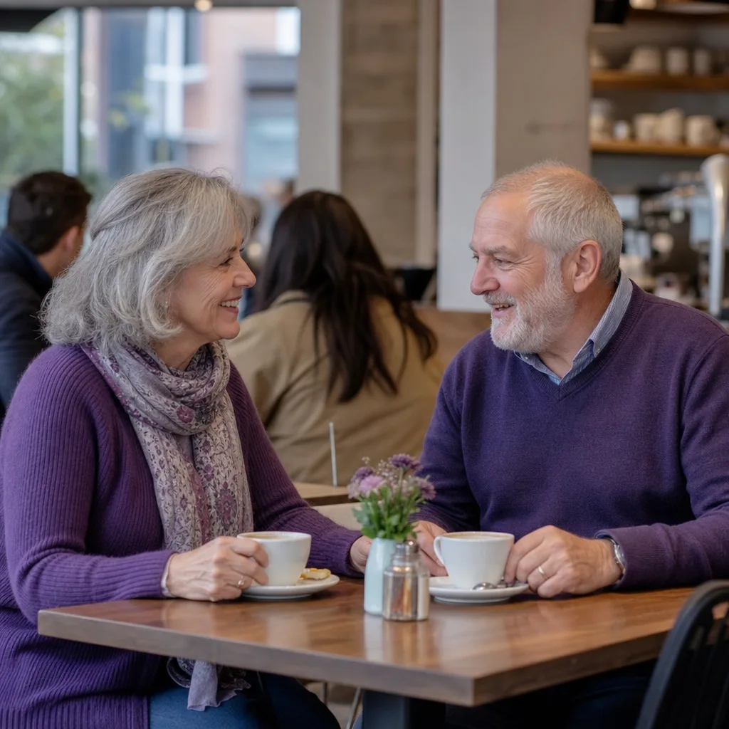 Two mature adults meeting for coffee in a busy Mid Glamorgan café